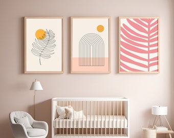 Zestaw ścienny do galerii w kolorze różowym, dekoracja pokoju Coquette w kolorze różu, plakat w stylu preppy, tryptyk, zestaw 3 plakatów do pokoju dziecięcego, wydruk w stylu bauhaus, mieszkanie, retro, słońce, tęcza