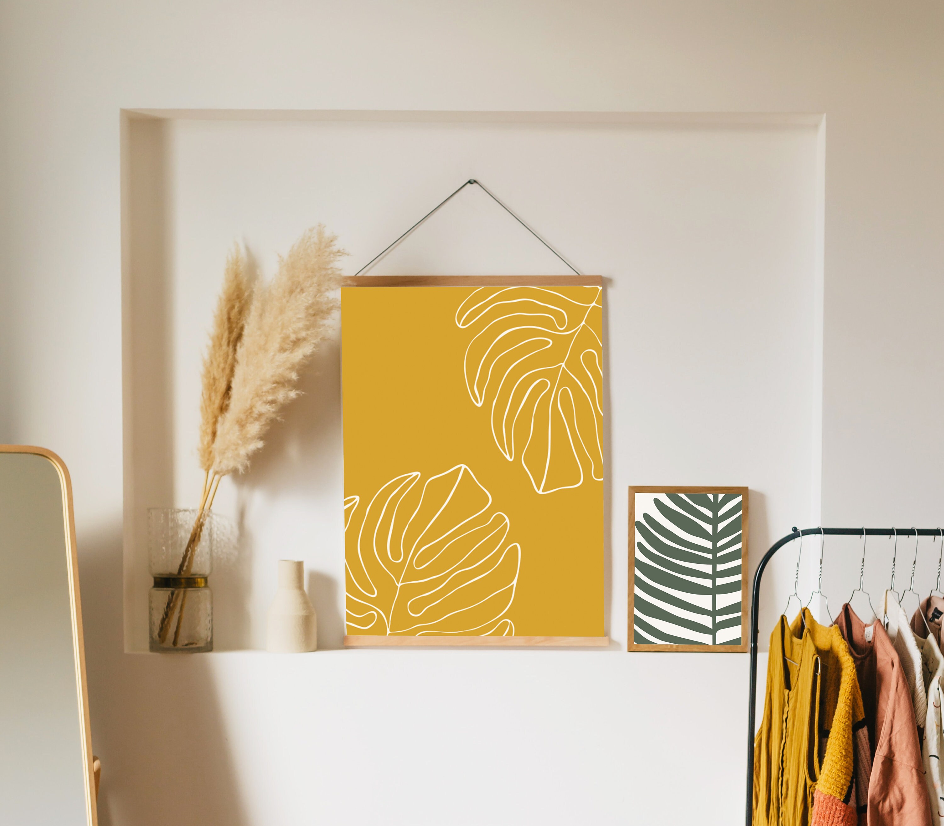 College Dorm Decor Mustard Yellow Sage Green Leaves Print Wall Etsy