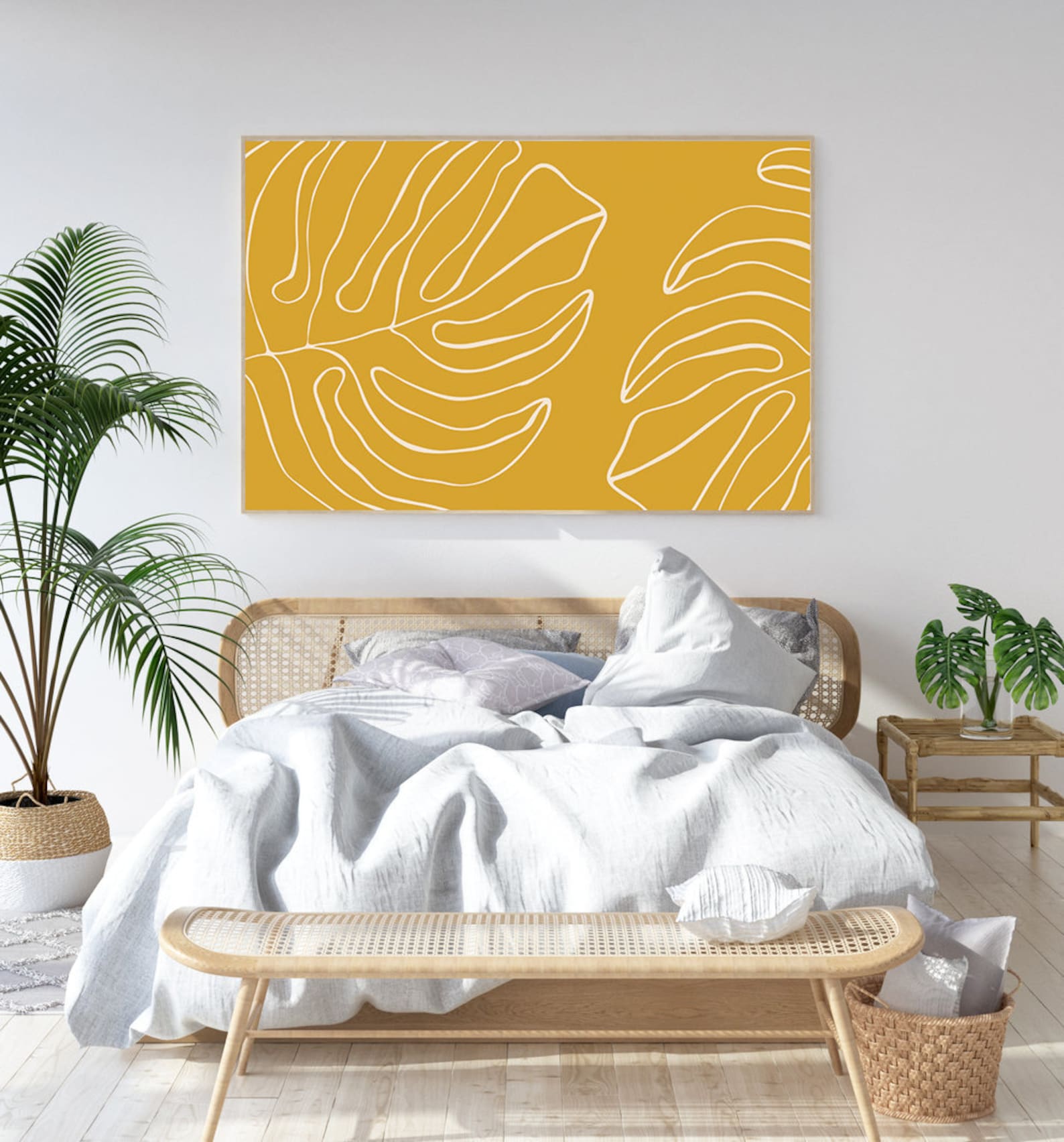 Mustard Yellow Wall Art Tropical Monstera Leaf Print Dorm Etsy