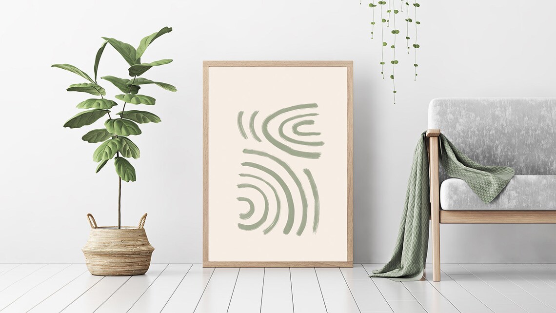Abstract Shapes Sage Green Line Print Wall Art Poster Drawing Etsy