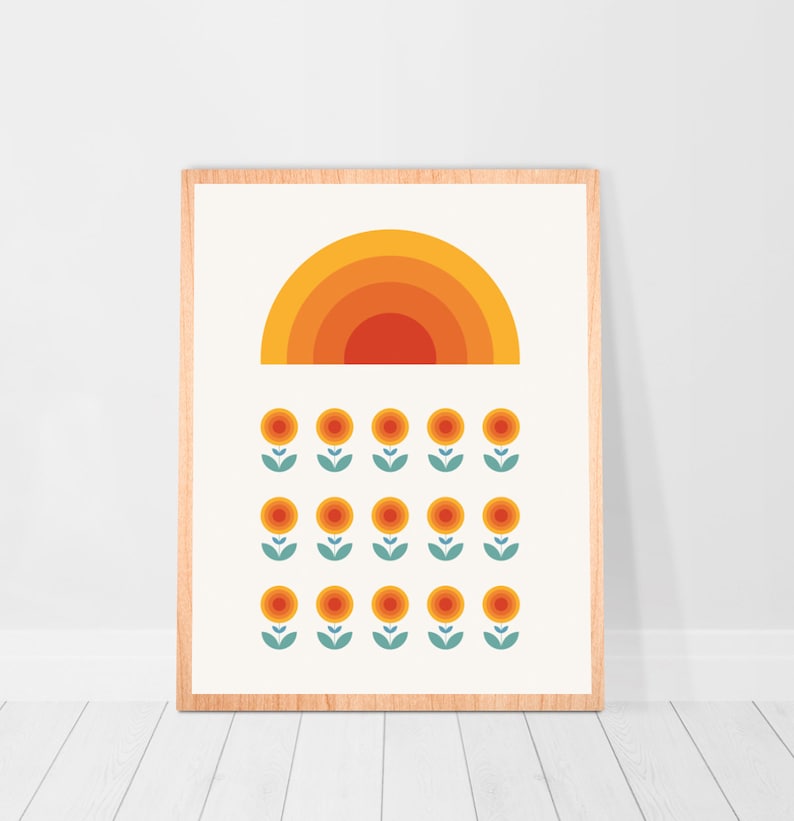Retro print set of 6 piece wall art 70s art prints poster sun rainbow Gallery Wall Bundle girl room wall decor 70s flower print 70s wall art