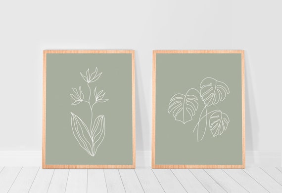 Sage Green Print Set of 2 wall art set of two prints Gallery Wall Set boho wall decor bathroom botanical line art set above bed art Poster
