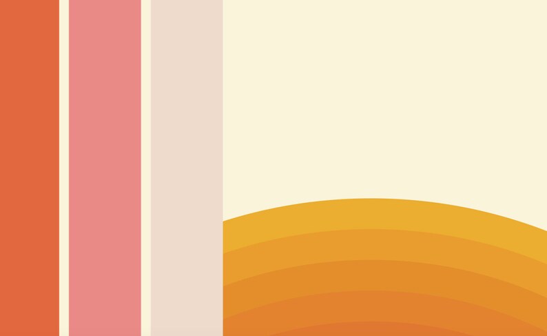 Pu&ograve; includere: Sfondo geometrico astratto con strisce verticali in arancione, rosa e bianco, e una forma curva in tonalit&agrave; di arancione.