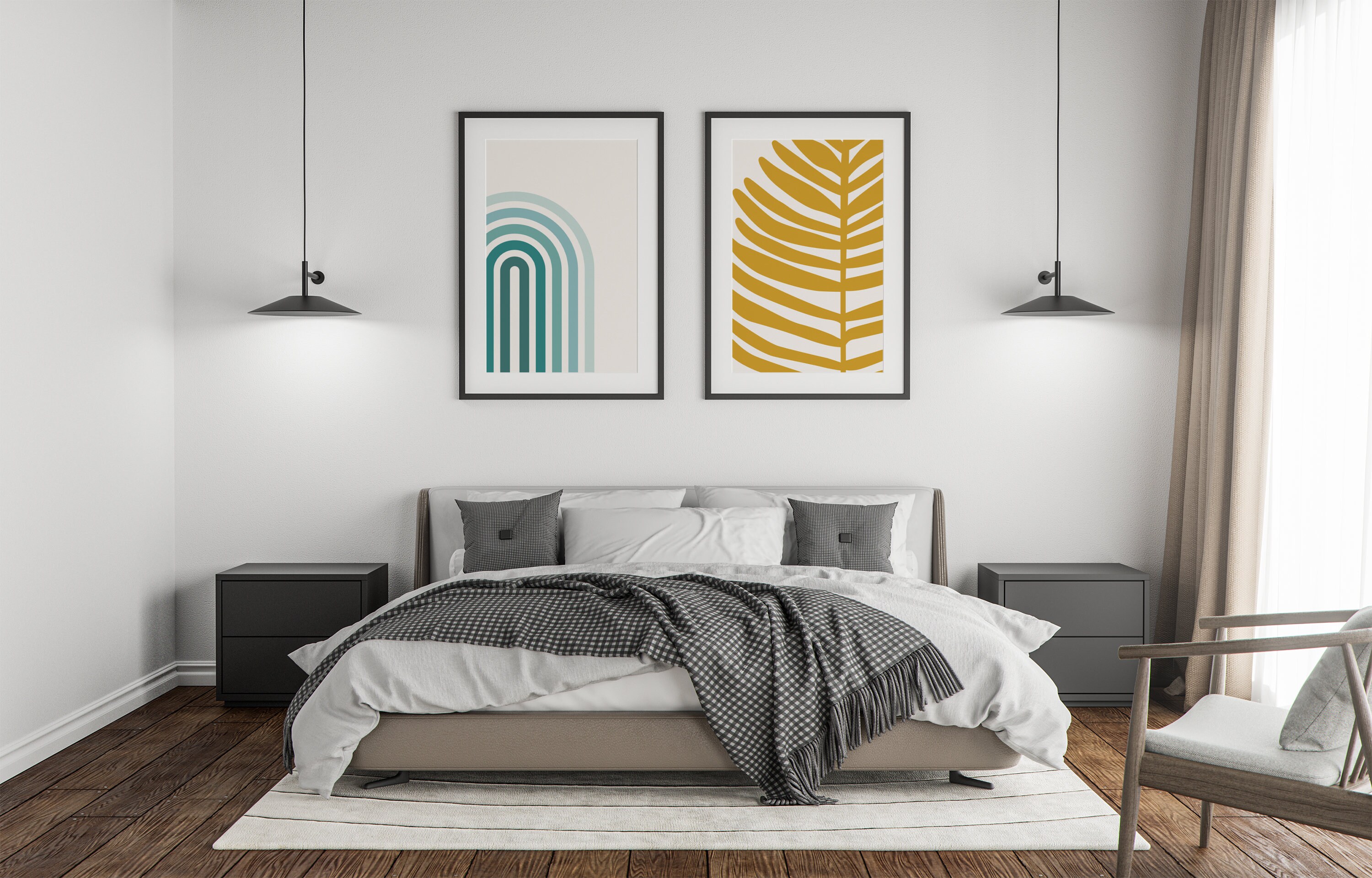 Teal Abstract Wall Art Set Mustard Yellow Decor Geometric Prints Print ...