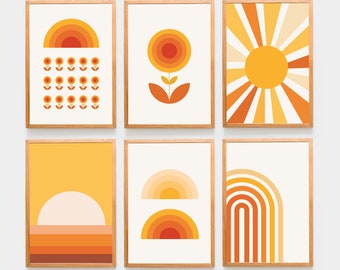 Retro Print Set of 6 Dorm Decor Gallery Wall Art Sun Print Rainbow Orange 70s posters 70s Flower Nursery Sets Boho Mid Century Decor 6 piece