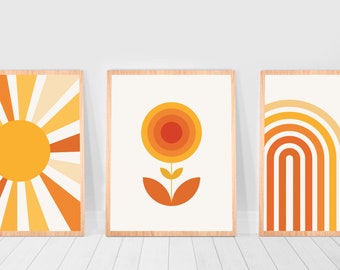 Bauhaus Print Poster Set Retro wall art Set of 3 piece Decor Retro Print 70s Flower Nursery Gallery Wall Bursting Sun Rays Rainbow triptych