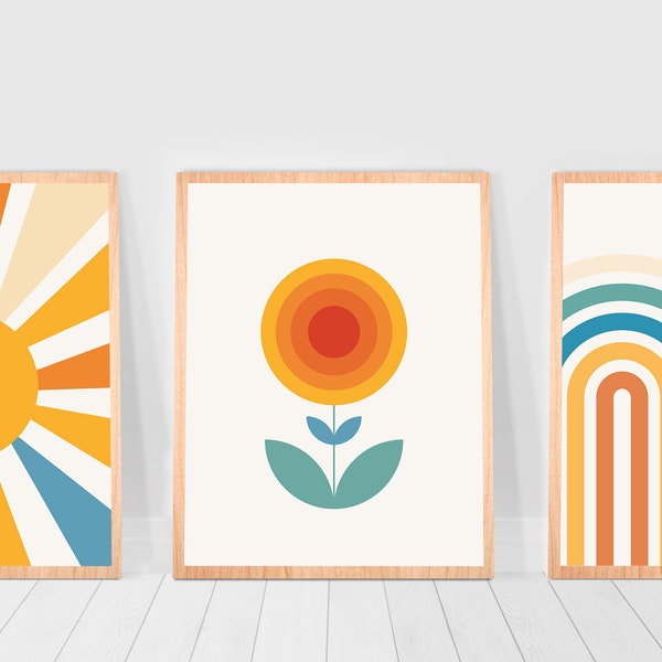 Retro Wall Decor Set of 3 Retro Prints, 70s wall art Orange Mid Century Modern Bursting Sun Rays, Nursery Gallery Wall Set Sun Rainbow Blue