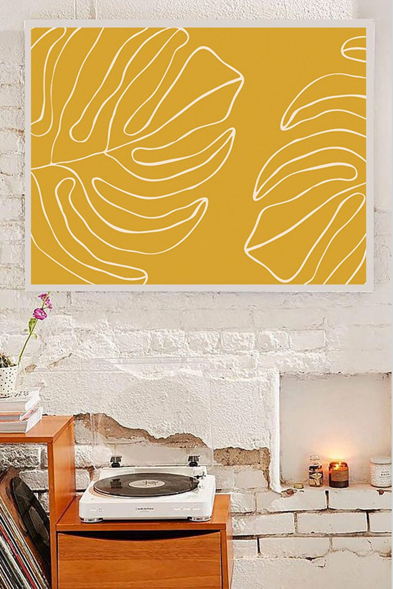 Mustard Yellow Wall Art Tropical Monstera Leaf Print Dorm Etsy