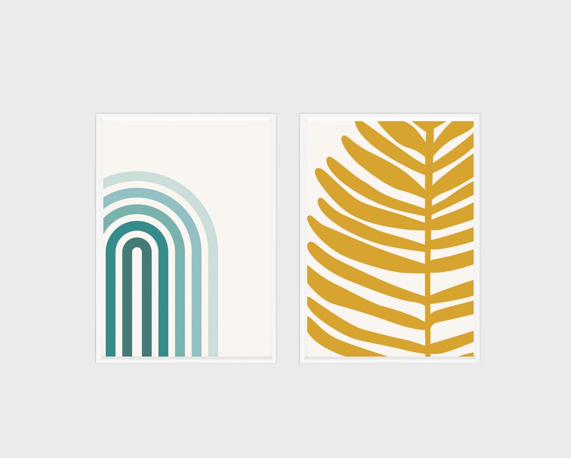 Teal Abstract Wall Art Set Mustard Yellow Decor Geometric | Etsy