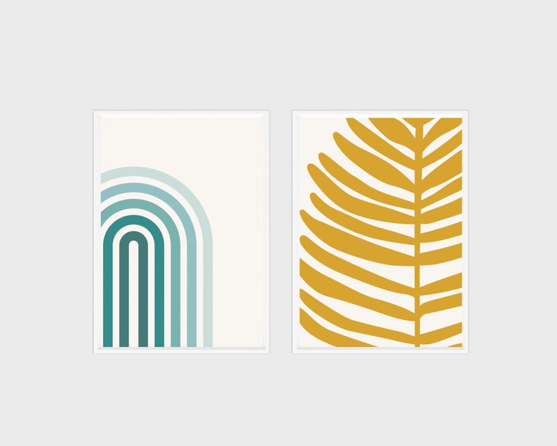 Teal Abstract Wall Art Set Mustard Yellow Decor Geometric Prints Print ...