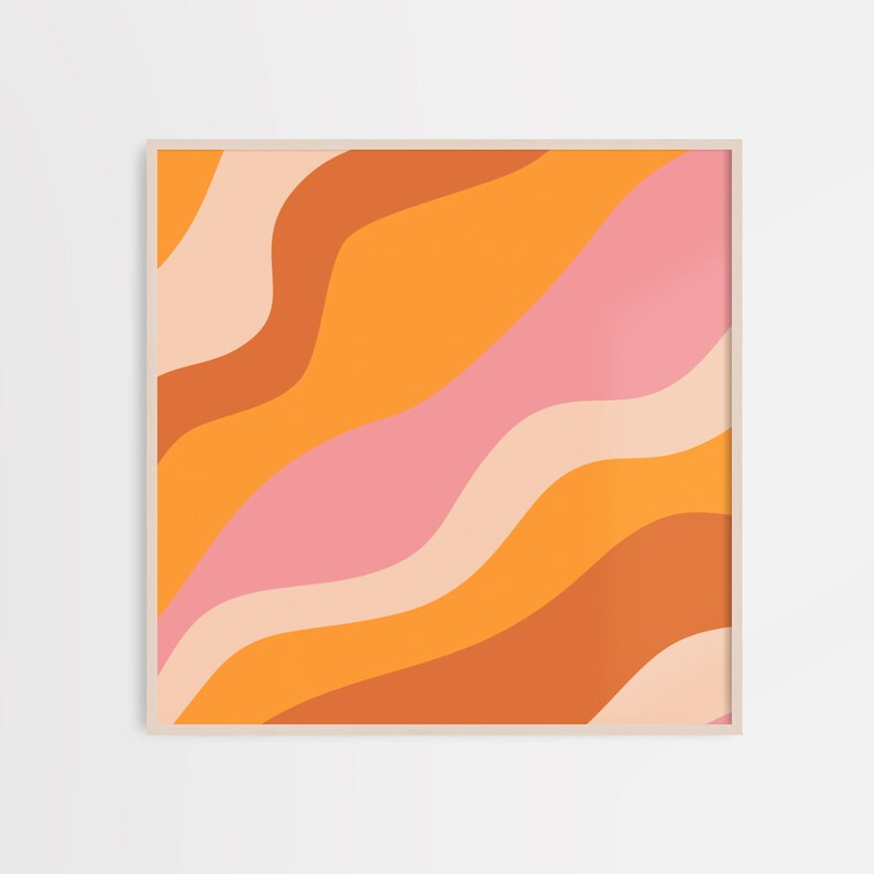 May include: Abstract art print with a framed design featuring wavy lines in shades of orange, peach, and pink.