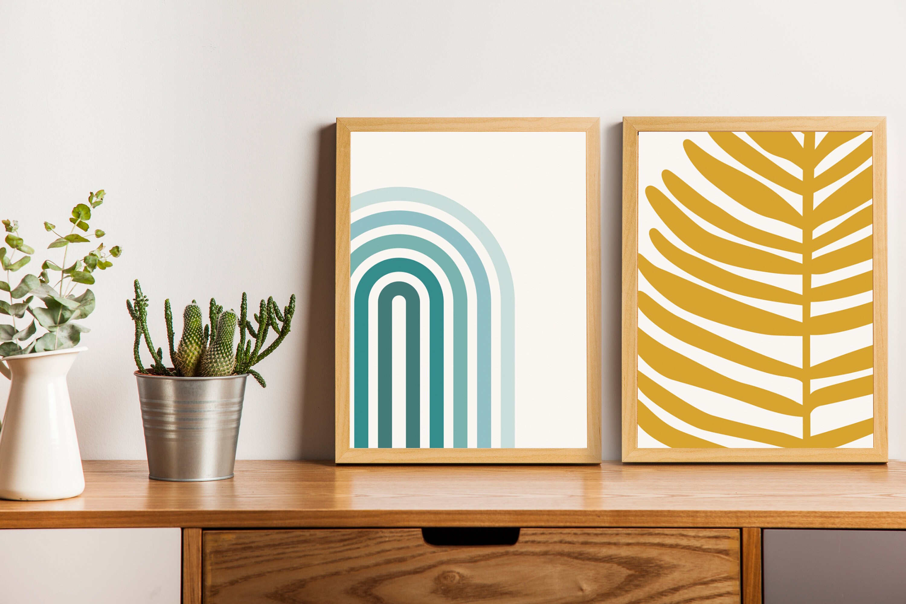 Teal Abstract Wall Art Set Mustard Yellow Decor Geometric Prints Print ...