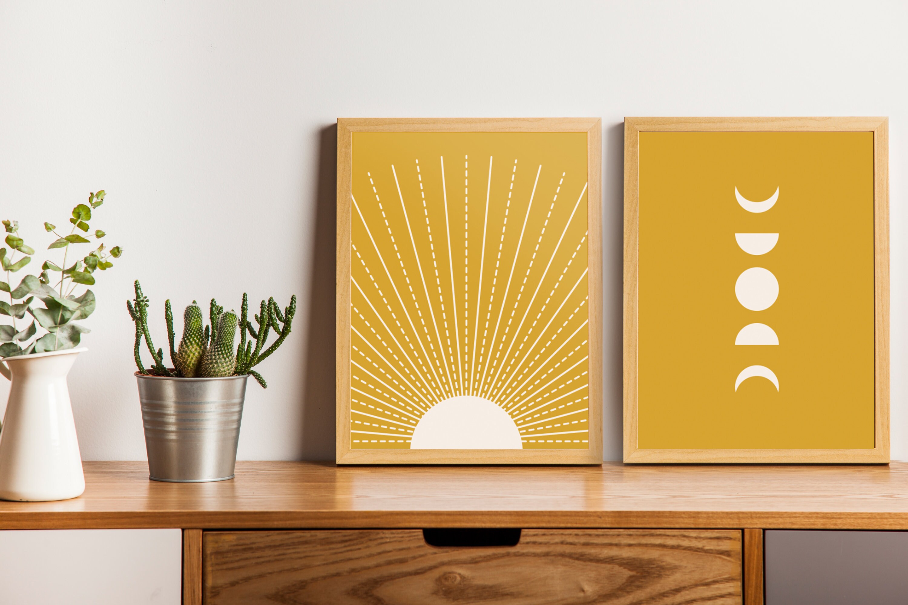 Mustard Yellow Wall Art Sun and Moon Print 2 piece poster art Etsy