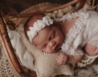 RTS Cream Dainty Bow Tieback | Triple Bow Tieback | Organic Neutral Headband | Shabby Baby Tieback | Photography Prop | Baby Girl Photo Prop