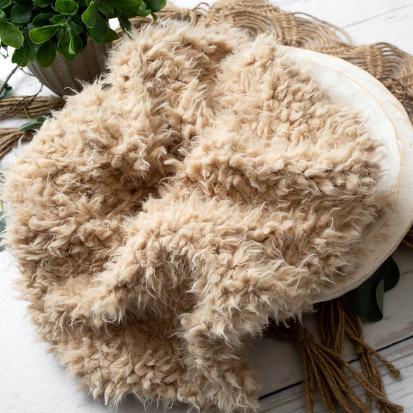 RTS Neutral Sand Faux Flokati Fur | Newborn Photography Prop | Warm Beige Fur Basket Bowl Stuffer | Soft Plush Fur Baby Prop Layer