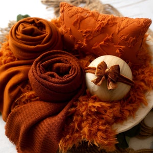 RTS 5-Piece Fall Prop Bundle | Burnt Orange Copper Newborn Prop Set | Faux Flokati Fur | Velvet Bow Tieback | Sweater Knit Wrap Photo Props