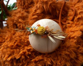 RTS Delicate Fall Harvest Neworn Tieback | Mustard Burnt Orange Organic Baby Tieback Headband | Earth Tone Netural Dried Flowers Halo Prop