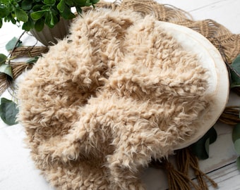 RTS Neutral Sand Faux Flokati Fur | Newborn Photography Prop | Warm Beige Fur Basket Bowl Stuffer | Soft Plush Fur Baby Prop Layer