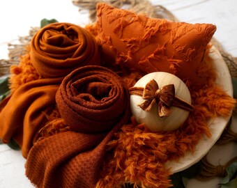 RTS 5-Piece Fall Prop Bundle | Burnt Orange Copper Newborn Prop Set | Faux Flokati Fur | Velvet Bow Tieback | Sweater Knit Wrap Photo Props