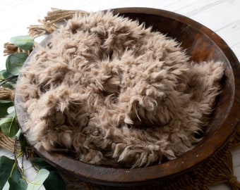 RTS Neutral Warm Taupe Faux Flokati Fur | Newborn Photography Prop | Beige Toffee Fur Basket Bowl Stuffer | Soft Plush Fur Baby Prop Layer