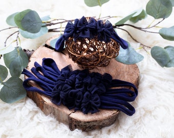 RTS Navy Blue Dainty Bow Tieback | Triple Bow Tieback | Organic Neutral Headband | Baby Tieback | Photography Prop | Baby Girl Photo Prop