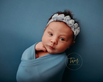 RTS Blue Rain Dainty Bow Tieback / Triple Bow Tieback / Baby Blue Neutral Headband / Baby Tieback / Photography Prop / Baby Girl Photo Prop