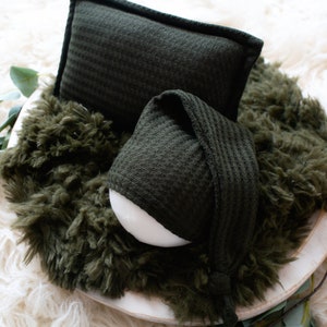 RTS 3-Piece Olive Prop Bundle | Dark Hunter Green Fall Newborn Prop Set | Faux Flokati Fur | Newborn Sleepy Cap | Prop Pillow | Photo Props