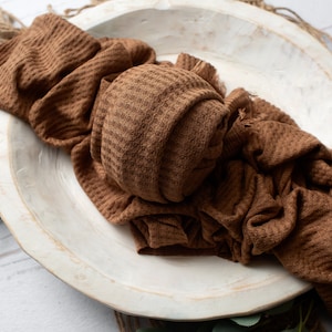 RTS Camel Newborn Textured Knit Wrap | Baby Stretchy Wraps | Copper Newborn Wrap Prop | Frayed Wrap Prop | Photo Prop | Soft & Stretchy