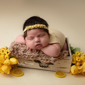 May include: A newborn baby wearing a yellow headband and outfit, resting on a knitted blanket inside a wooden box. The box is decorated with yellow flowers and lemon slices. The baby is sleeping peacefully.