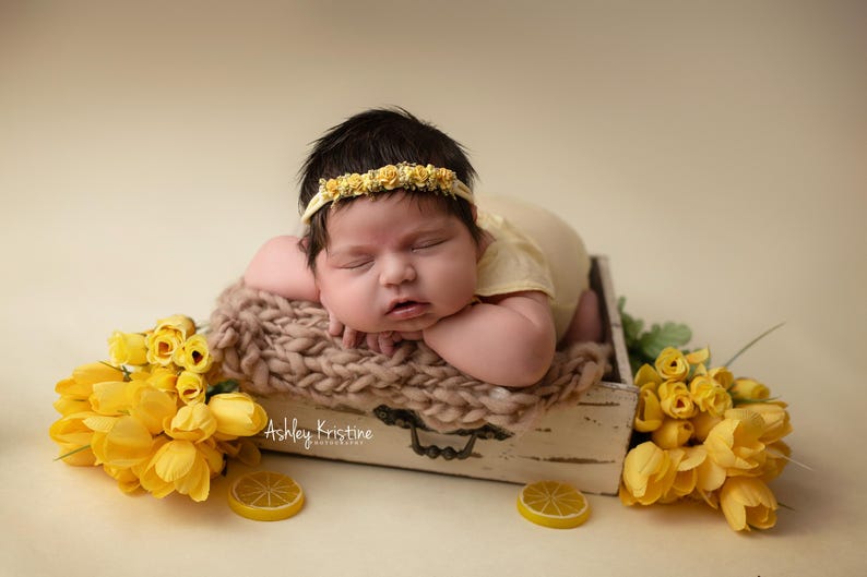 May include: A newborn baby wearing a yellow headband and outfit, resting on a knitted blanket inside a wooden box. The box is decorated with yellow flowers and lemon slices. The baby is sleeping peacefully.
