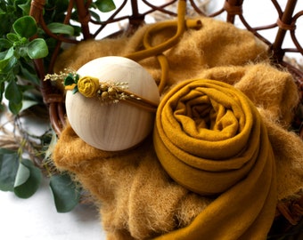 Paquete de accesorios fotográficos orgánicos para recién nacidos RTS de 3 piezas en mostaza / Pañuelo de cachemira para recién nacido / Diadema con lazo en mostaza / Pañuelo con capas afelpadas para fotografía