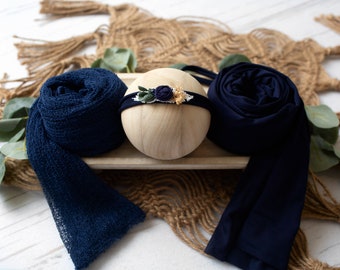 RTS 3-Piece Navy Blue Prop Set | Baby Girl Dainty Rosette Dried Flower Tieback | Stretchy Knit Wrap Swaddle Headband Set | Photography Props
