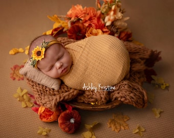 RTS Broche para la cabeza con girasoles de otoño / Diadema con broche para bebé recién nacido y niño pequeño con girasoles mostaza / Accesorio de fotografía con broche orgánico para bebé de otoño intenso