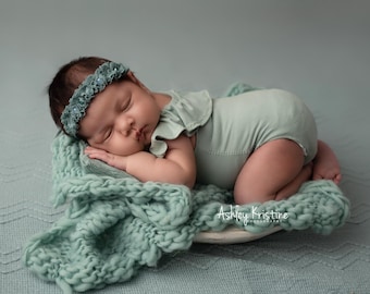 RTS Seafoam Shabby Tieback | Textured Pearl Beaded Baby Headband | Teal Photo Prop | Newborn Photography Toddler Sitter Photo Studio Prop