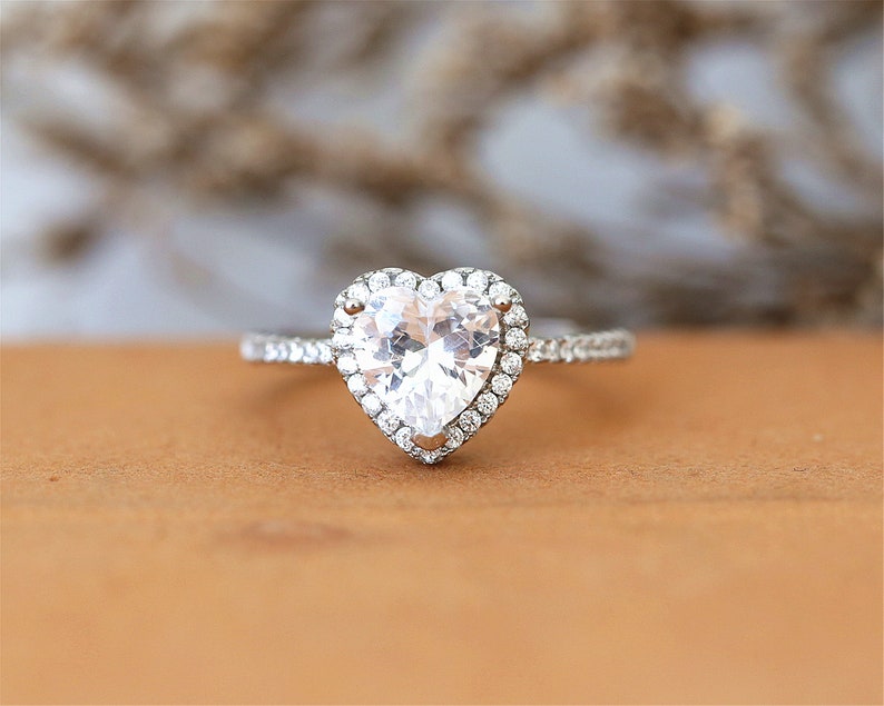Engagement Ring Anniversary Ring Cubic Zirconia Ring Gemstone Ring Heart Ring CZ Diamonds Halo Ring White Gold Plate Ring 7mm Heart Cut