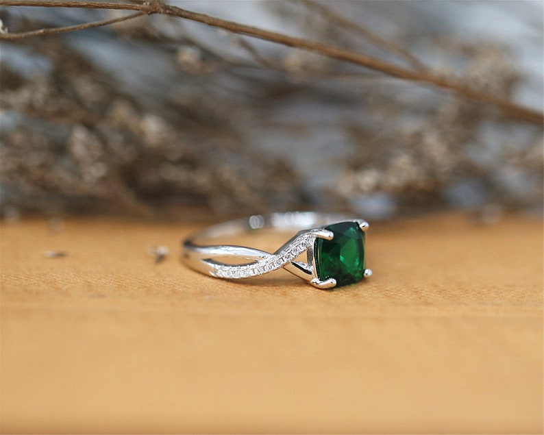 Lab Created Emerald 7*7mm Ring Cushion Cut Engagement Ring Handmade Sterling Silver Ring Gemstone Ring Bridal Ring