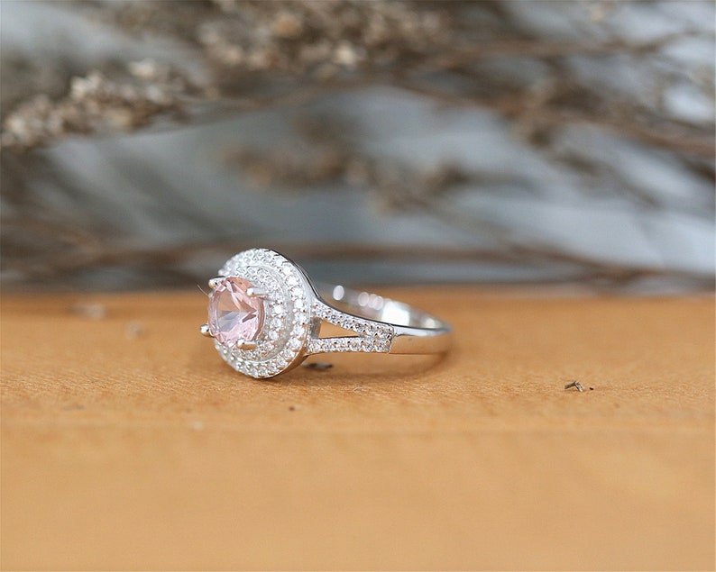 6mm Halo Ring Sterling Sliver Ring Round Cut Nano Morganite Gemstone Ring Engagement Ring Stackable Ring Handmade Bridal Ring