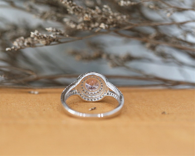 6mm Halo Ring Sterling Sliver Ring Round Cut Nano Morganite Gemstone Ring Engagement Ring Stackable Ring Handmade Bridal Ring