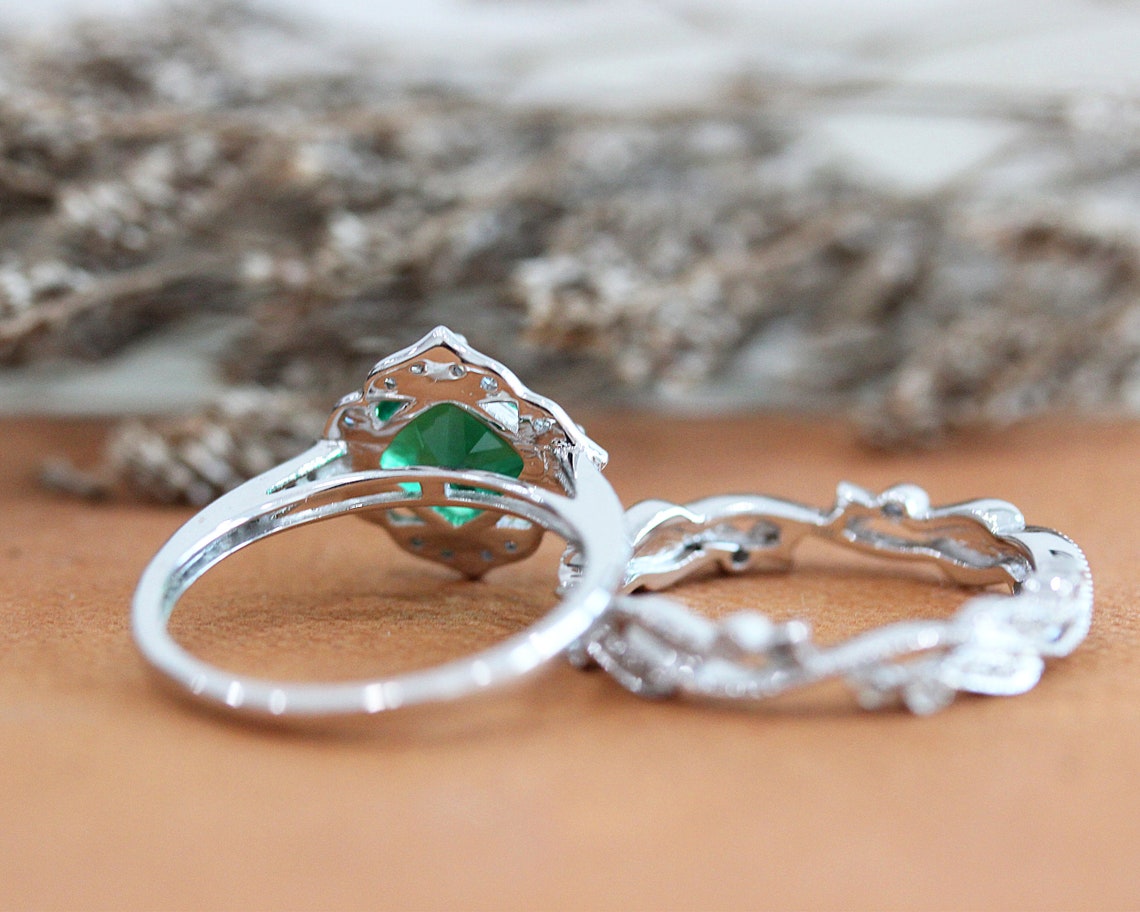 VINTAGE Lab Created Ring Set Engagement Ring 7mm Cushion Cut Etsy