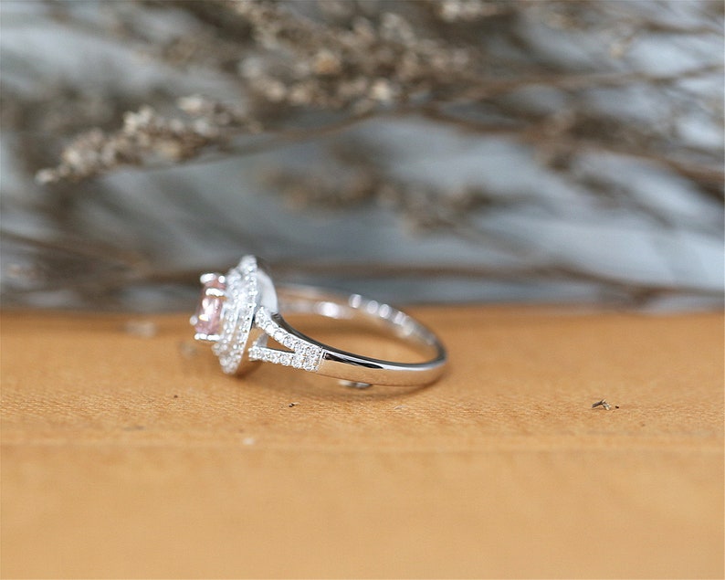 6mm Halo Ring Sterling Sliver Ring Round Cut Nano Morganite Gemstone Ring Engagement Ring Stackable Ring Handmade Bridal Ring