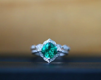 Engagement Ring Cushion Cut Lab Created Emerald Ring Set 7mm Solid 14K White Gold Anniversary Ring Bridal Ring