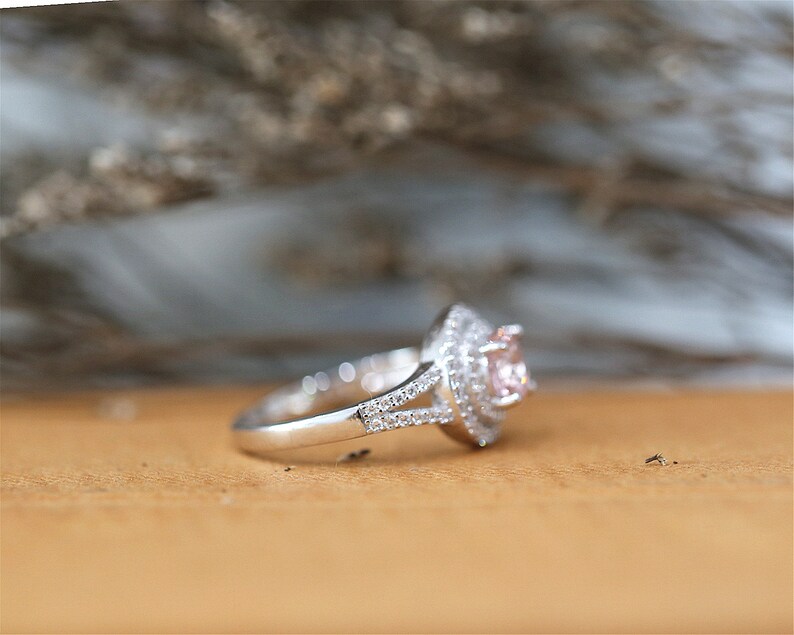 6mm Halo Ring Sterling Sliver Ring Round Cut Nano Morganite Gemstone Ring Engagement Ring Stackable Ring Handmade Bridal Ring