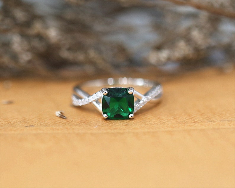 Lab Created Emerald 7*7mm Ring Cushion Cut Engagement Ring Handmade Sterling Silver Ring Gemstone Ring Bridal Ring