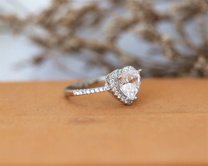 Engagement Ring Anniversary Ring Cubic Zirconia Ring Gemstone Ring Heart Ring CZ Diamonds Halo Ring White Gold Plate Ring 7mm Heart Cut