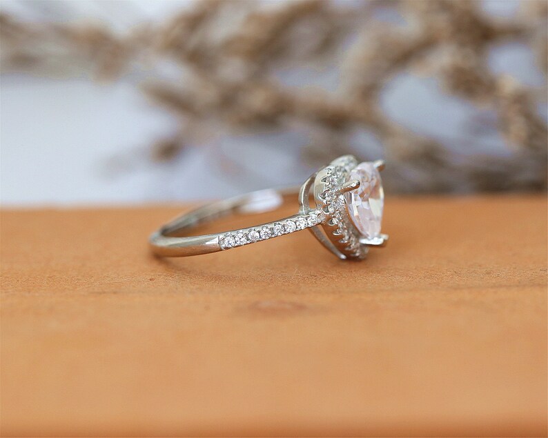 Engagement Ring Anniversary Ring Cubic Zirconia Ring Gemstone Ring Heart Ring CZ Diamonds Halo Ring White Gold Plate Ring 7mm Heart Cut