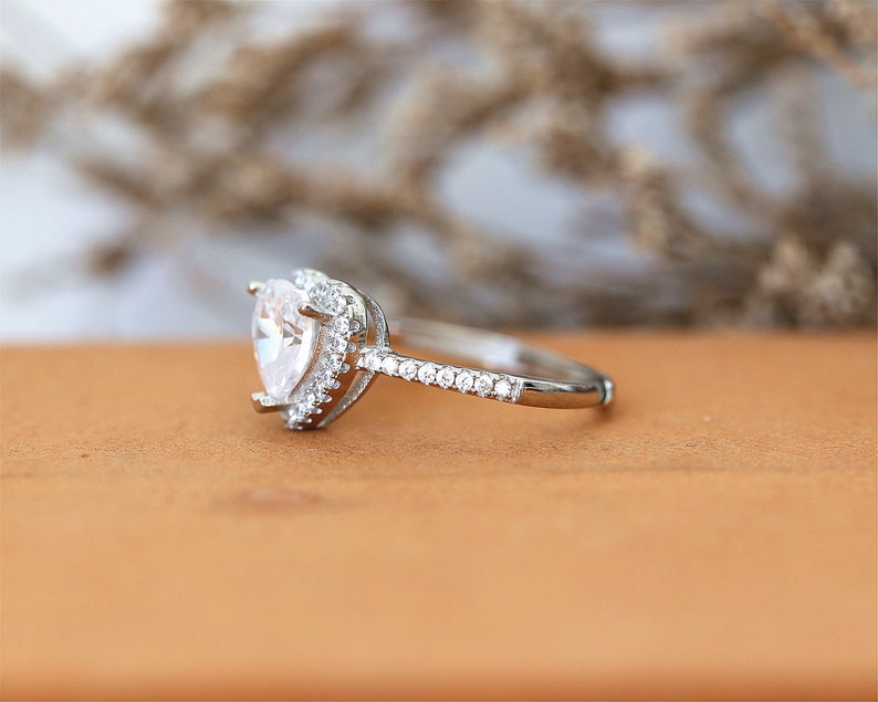 Engagement Ring Anniversary Ring Cubic Zirconia Ring Gemstone Ring Heart Ring CZ Diamonds Halo Ring White Gold Plate Ring 7mm Heart Cut