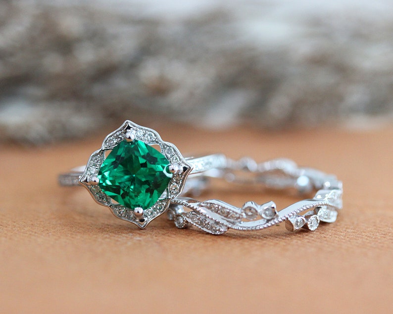 VINTAGE Lab Created Ring Set Engagement Ring 7mm Cushion Cut Etsy