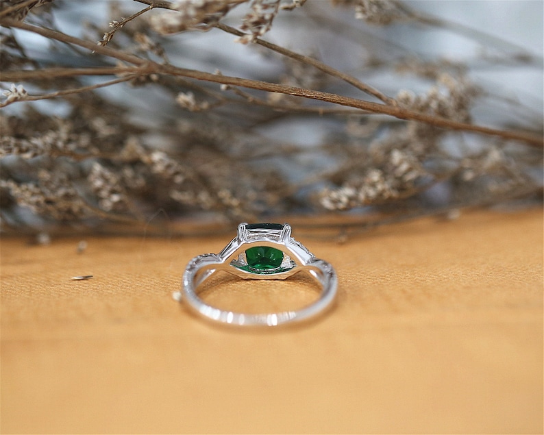 Lab Created Emerald 7*7mm Ring Cushion Cut Engagement Ring Handmade Sterling Silver Ring Gemstone Ring Bridal Ring