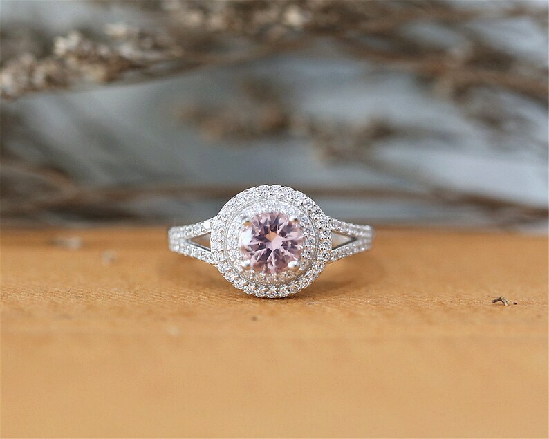 6mm Halo Ring Sterling Sliver Ring Round Cut Nano Morganite Gemstone Ring Engagement Ring Stackable Ring Handmade Bridal Ring