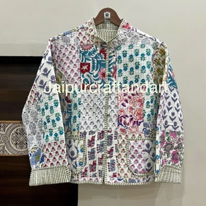 Indische Handgemachte Patchwork Steppjacke Vintage Weiß Baumwolle Reversible Boho Mantel für Frauen, Kimono Robe, Geschenke für sie, handgemacht